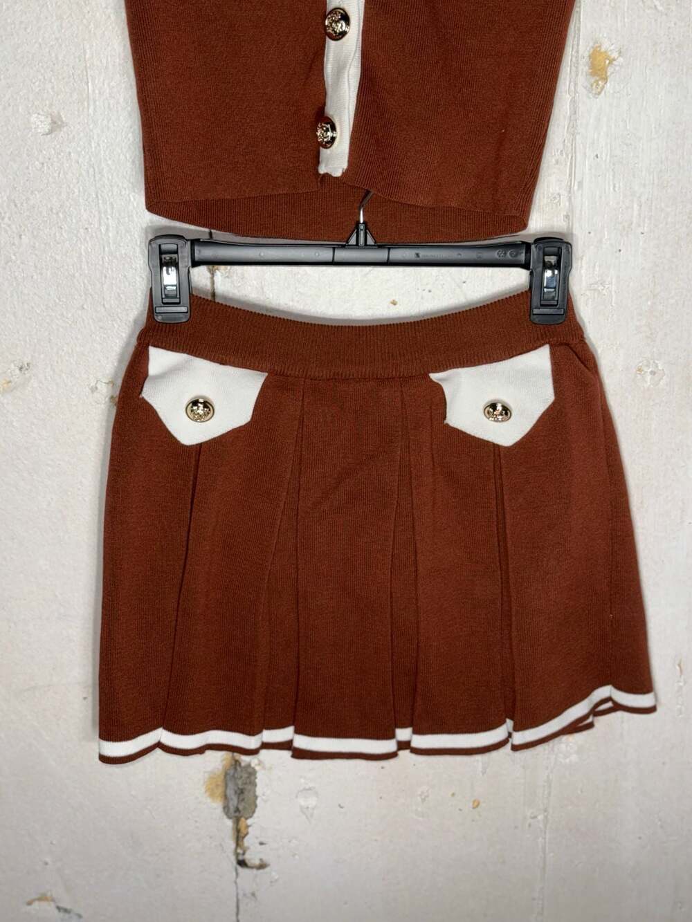 Daisy Two-Piece Knit Skirt Set Brown with White Contrast Trim and Gold Buttons - Picture 4 of 7